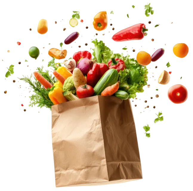 sac papier avec legumes qui volent